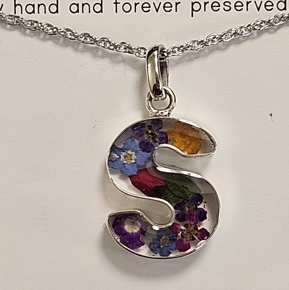 SEED & SAGE Sterling Silver Genuine Flowers THE LETTER "S" INITIAL NECKLACE